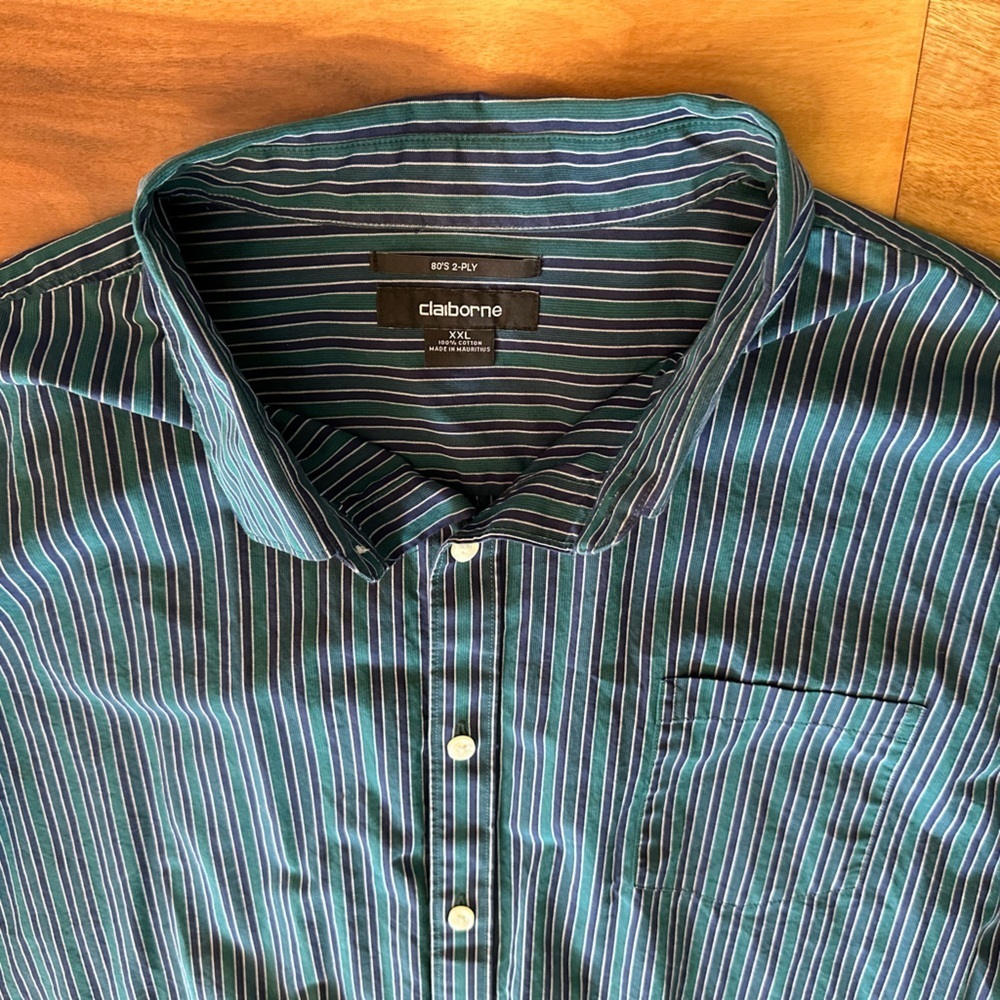 Claiborne 80’s 2-Ply Green and Blue Striped Dress Shirt size XXL - Picture 2 of 4